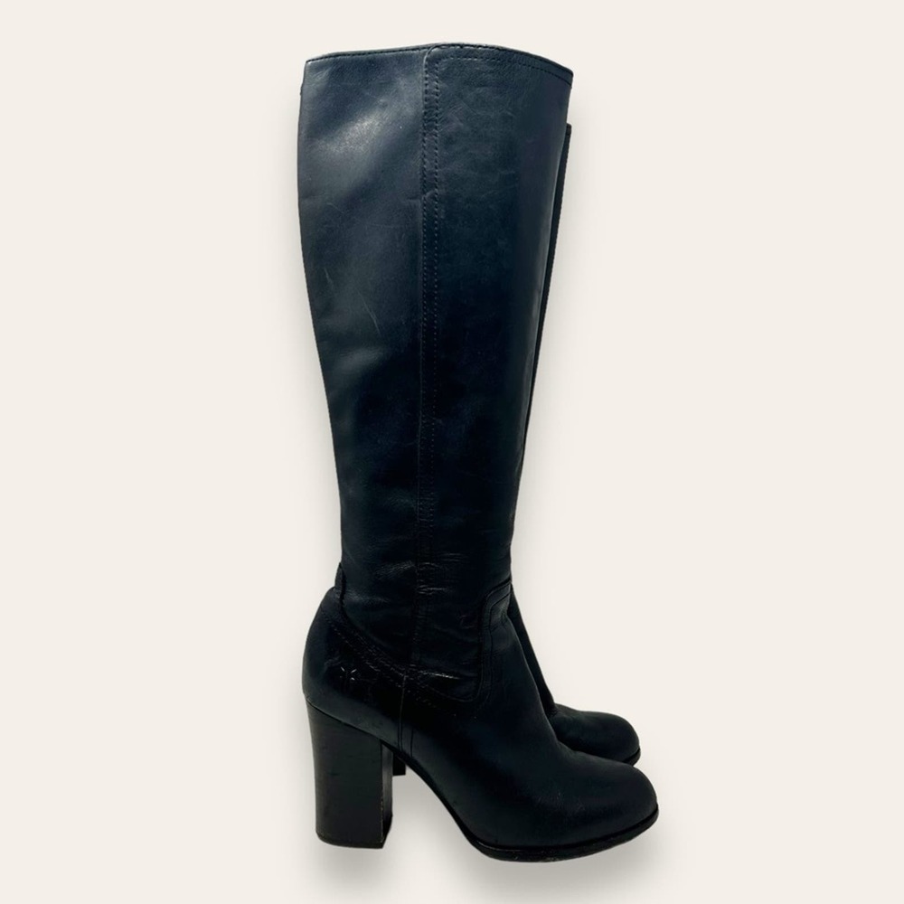 FRYE Parker Tall Leather Riding Boots Stacked Block Heel Black 7.5 Women’s